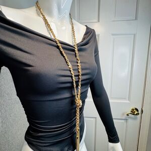 White House Black Market Gold Tassel Lariat Necklace Tan Leather Interwoven WHBM